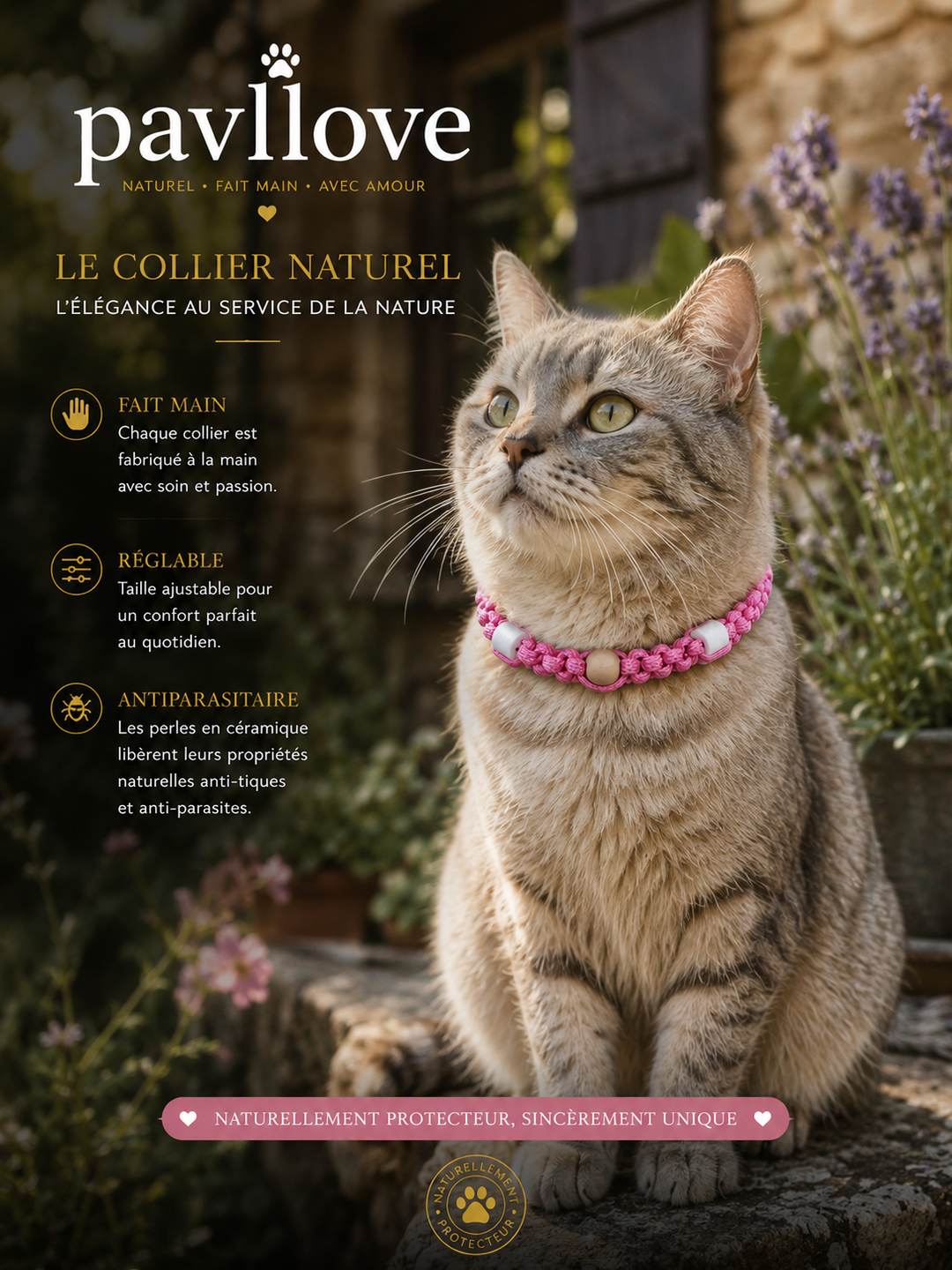 Collier Rose Torsadé Anti-Tiques Naturel, Antiparasitaire avec Perles de Céramique EM ⭐⭐⭐⭐⭐ - Pavllove