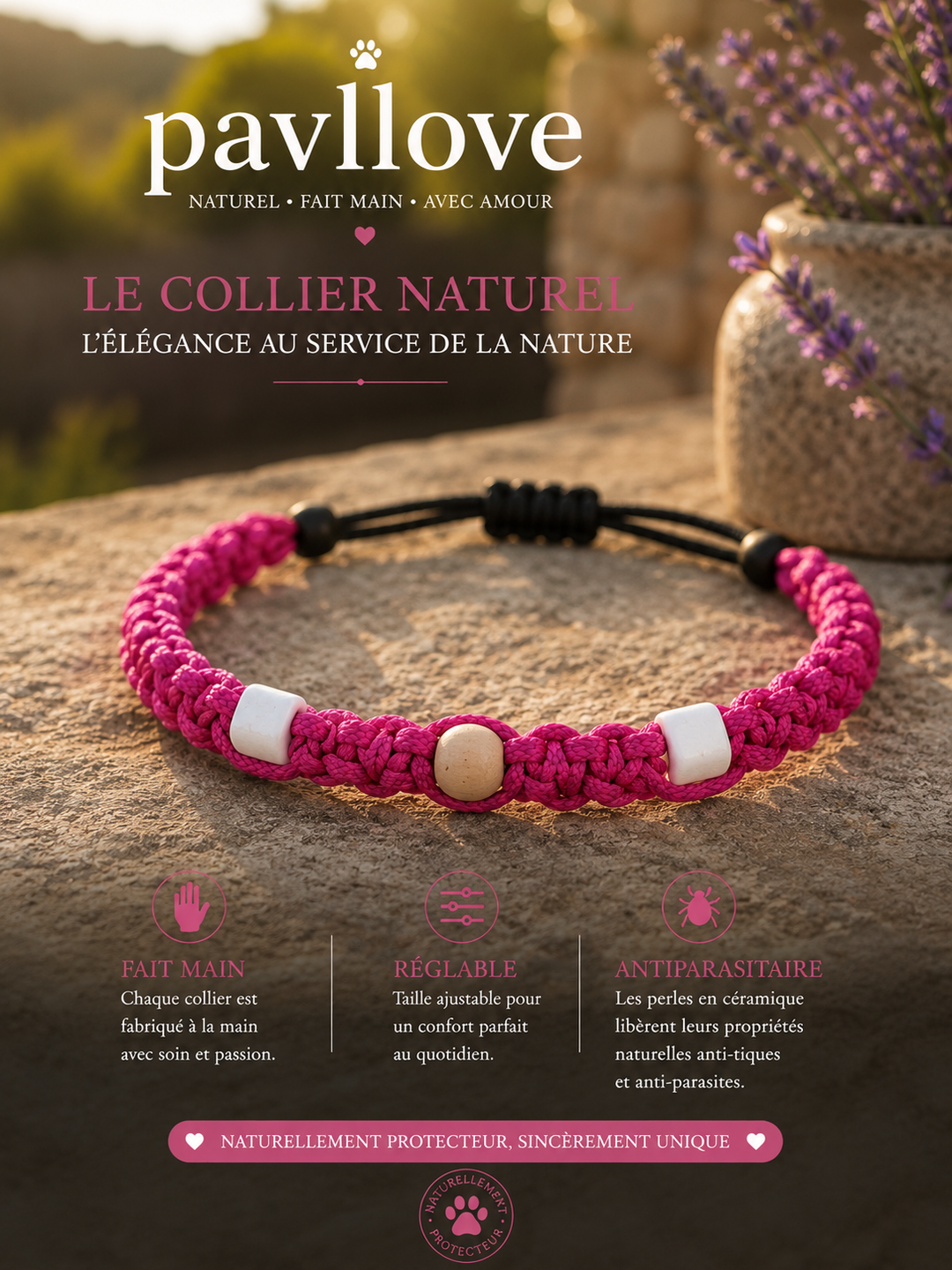 Collier Rose foncé Torsadé Anti-Tiques Naturel, Antiparasitaire avec Perles de Céramique EM ⭐⭐⭐⭐⭐ - Pavllove