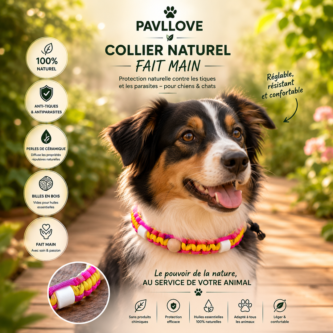 Collier Anti-Tiques & Antiparasitaire Naturel Chien et Chat, Fait Main en France, Perles de Céramique EM