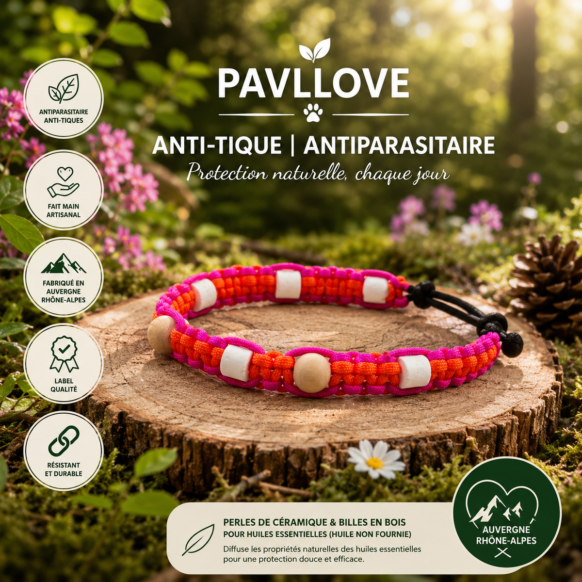 Colliers Rose Anti-Tiques & Antiparasitaire Naturel (Tréssée) avec Perles de céramique EM ⭐⭐⭐⭐⭐ - Pavllove