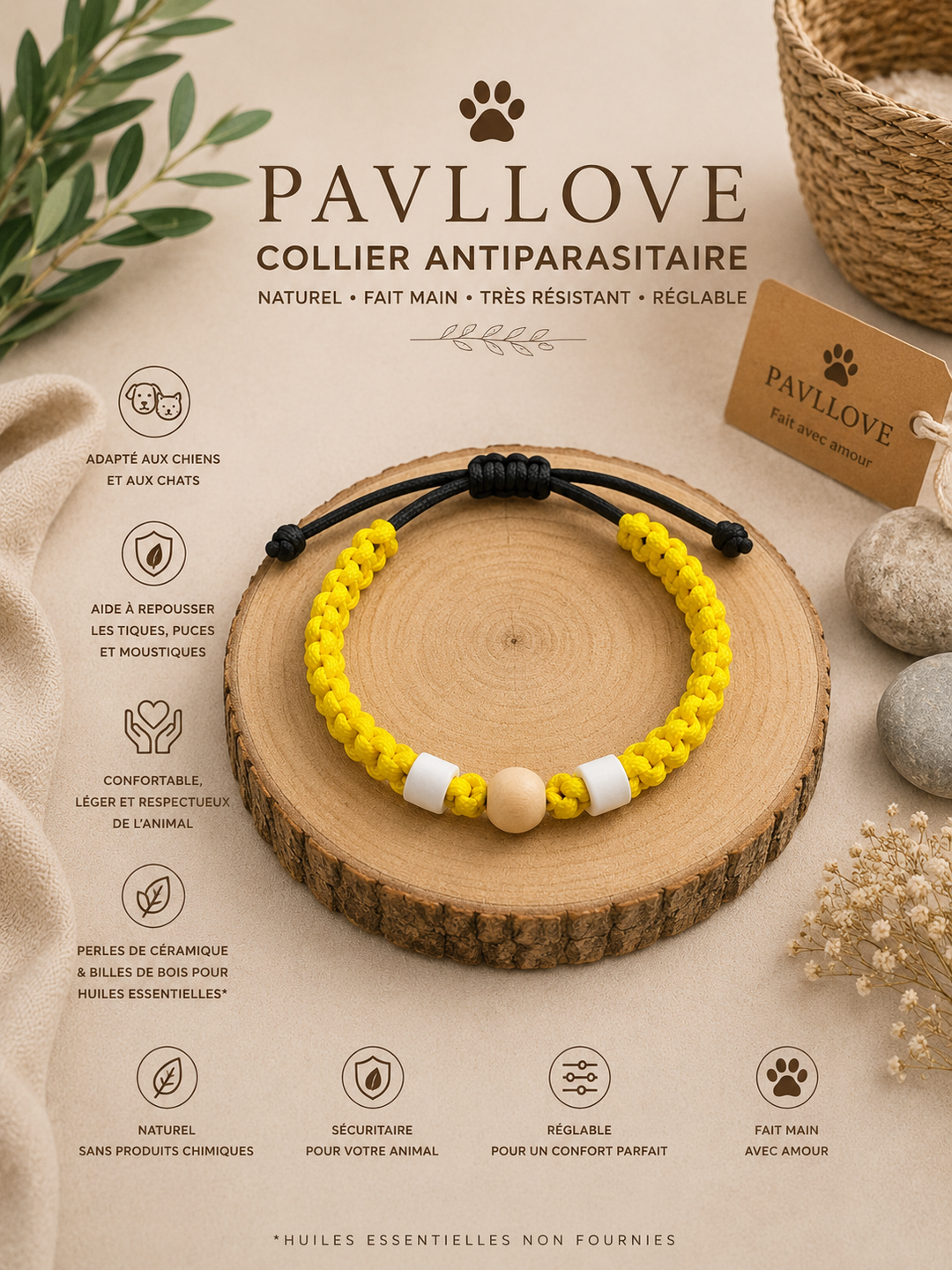 Collier Jaune Torsadé Anti-Tiques Naturel, Antiparasitaire avec Perles de Céramique EM ⭐⭐⭐⭐⭐ - Pavllove