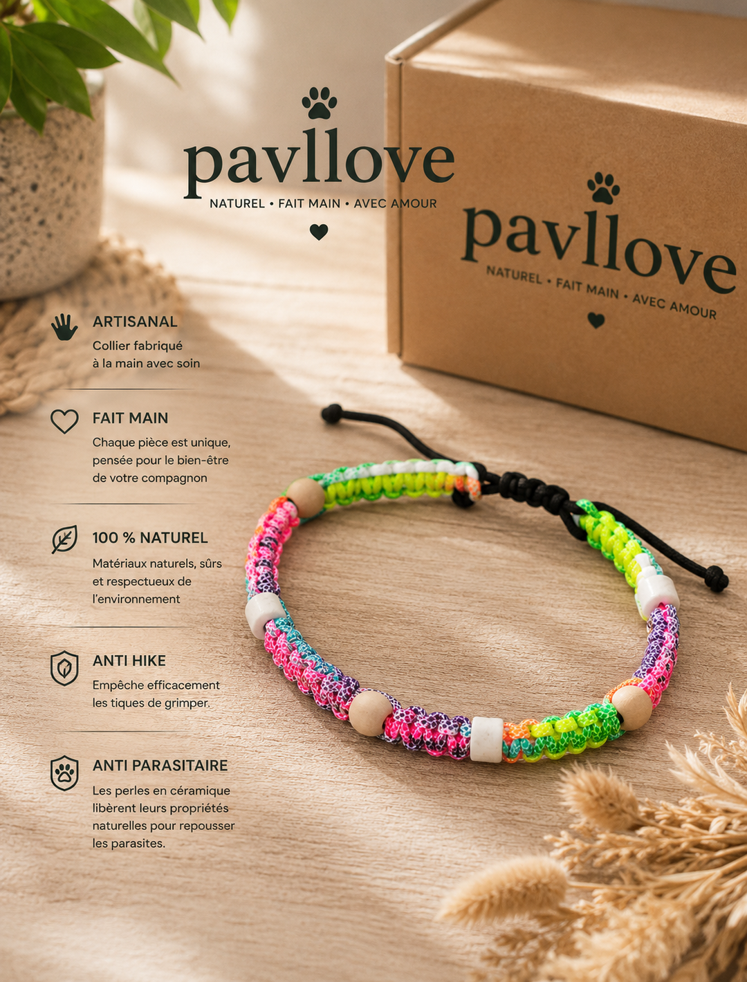 Colliers Fluos multicolor Anti-Tiques & Antiparasitaire Naturel, Perles de Céramique EM (Gamme Tréssée) ⭐⭐⭐⭐⭐ - Pavllove
