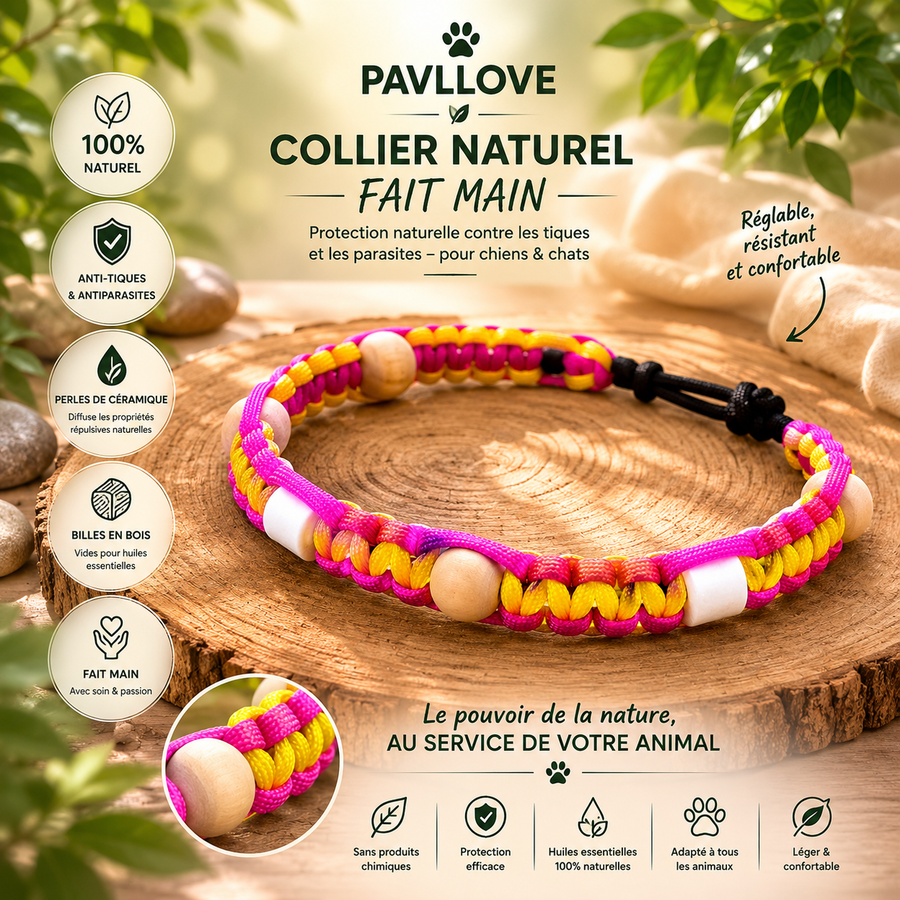 Collier Anti-Tiques & Antiparasitaire Naturel Chien et Chat, Fait Main en France, Perles de Céramique EM (Gamme Tréssée) ⭐⭐⭐⭐⭐ - Pavllove