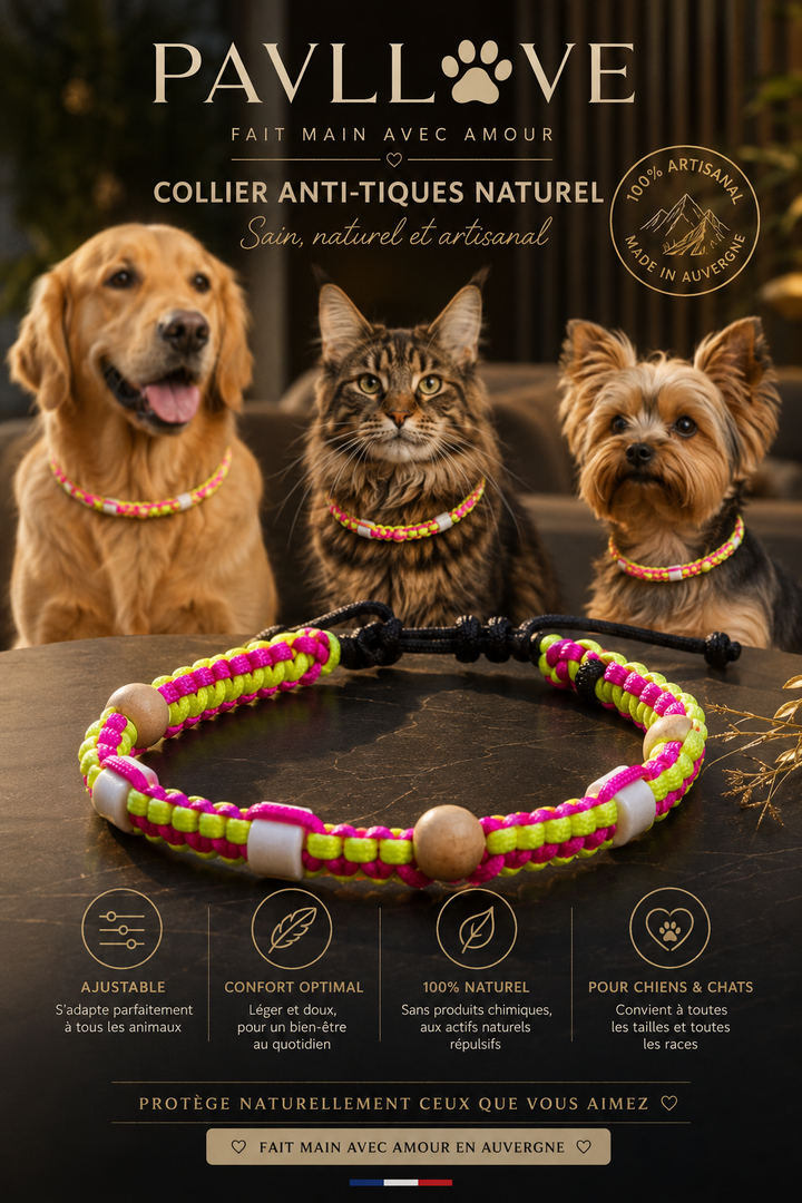 Collier Anti-Tiques & Antiparasitaire Naturel Chien et Chat, Fait Main en France, Perles de Céramique EM (Gamme Tréssée) ⭐⭐⭐⭐⭐ - Pavllove