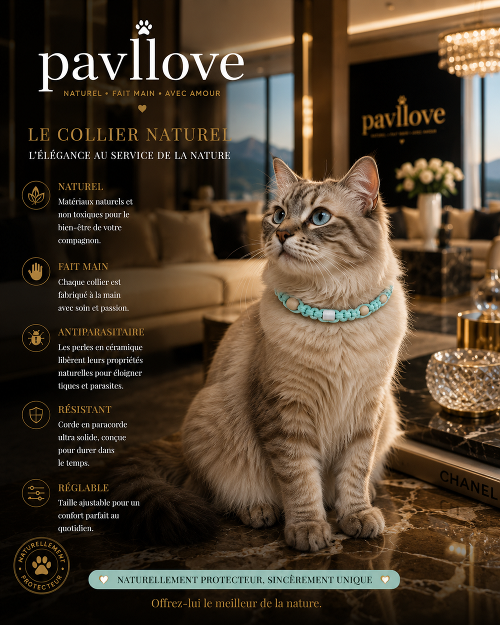 Collier Torsade bleu clait Anti-Tiques Naturel, Antiparasitaire avec Perles de Céramique EM ⭐⭐⭐⭐⭐ - Pavllove