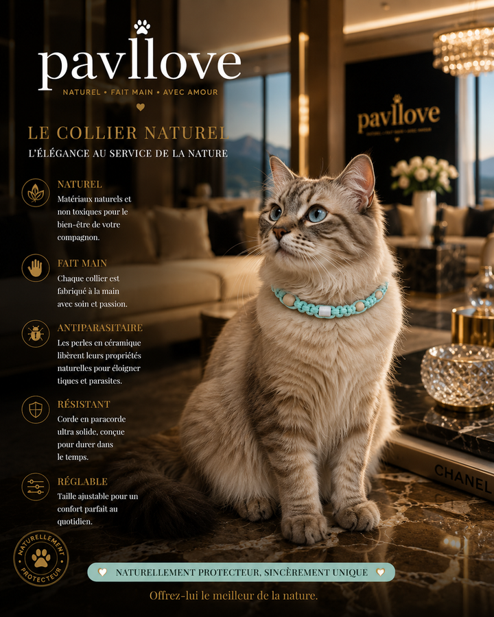 Collier Torsade bleu clait Anti-Tiques Naturel, Antiparasitaire avec Perles de Céramique EM ⭐⭐⭐⭐⭐ - Pavllove