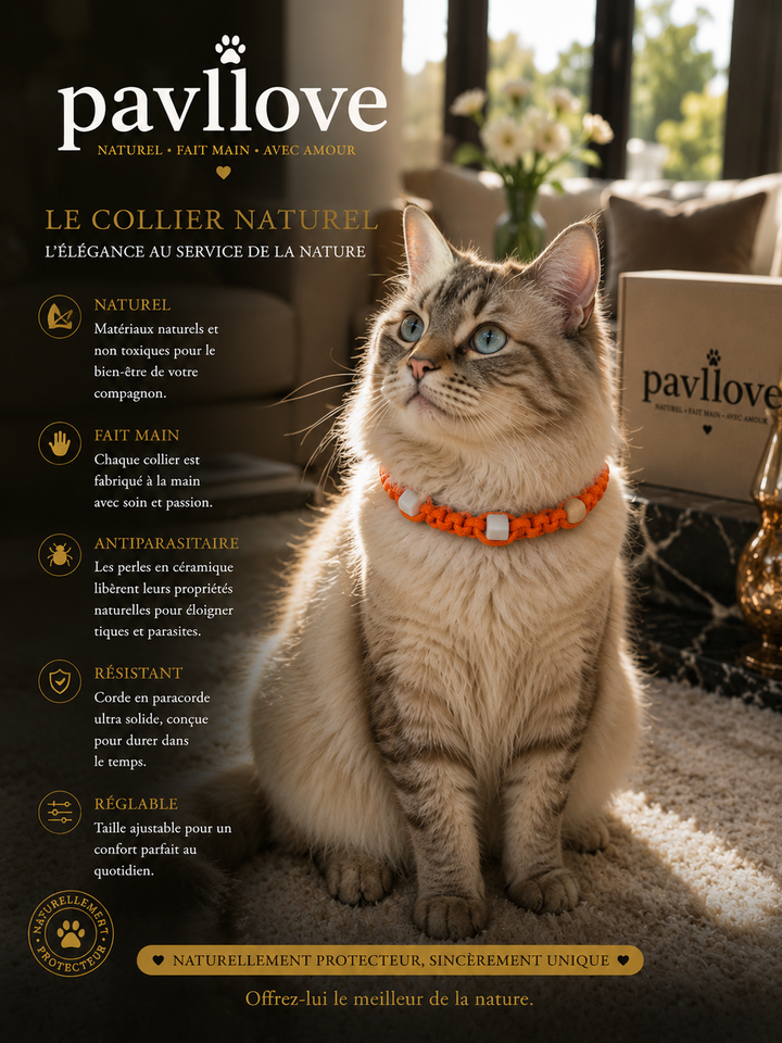 Collier Orange Torsadé Anti-Tiques Naturel, Antiparasitaire avec Perles de Céramique EM ⭐⭐⭐⭐⭐ - Pavllove