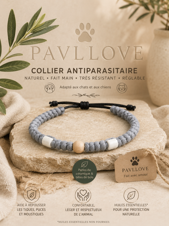 Collier Gris Torsadé Anti-Tiques Naturel, Antiparasitaire avec Perles de Céramique EM ⭐⭐⭐⭐⭐ - Pavllove