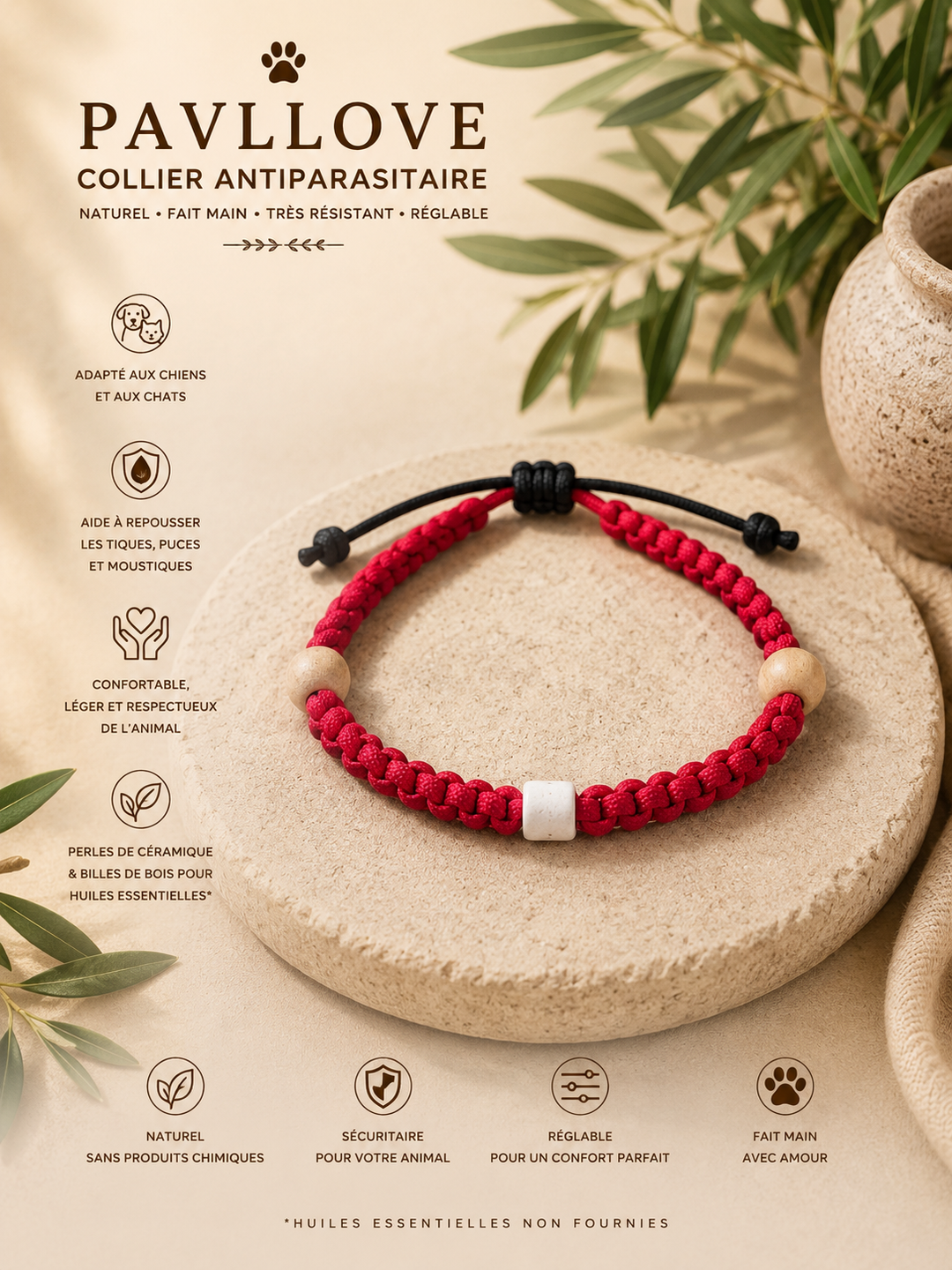 Collier Rouge Torsadé Anti-Tiques Naturel, Antiparasitaire avec Perles de Céramique EM ⭐⭐⭐⭐⭐ - Pavllove
