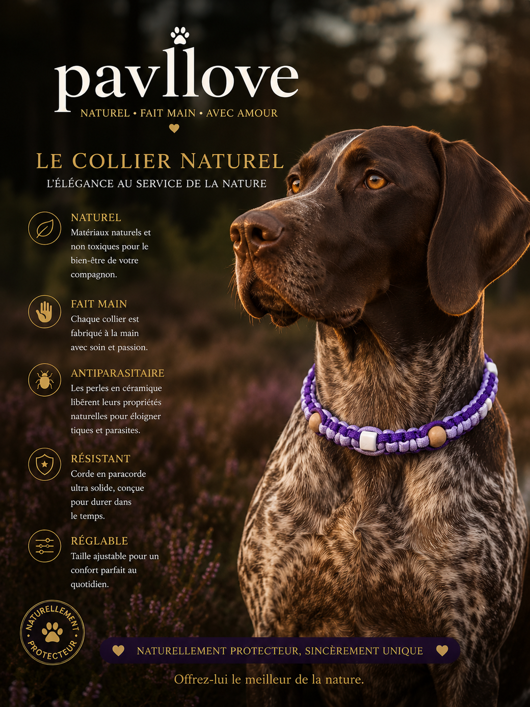 Colliers Violet & mauve Anti-Tiques & Antiparasitaire Naturel (Tréssée) avec Perles de céramique EM ⭐⭐⭐⭐⭐ - Pavllove