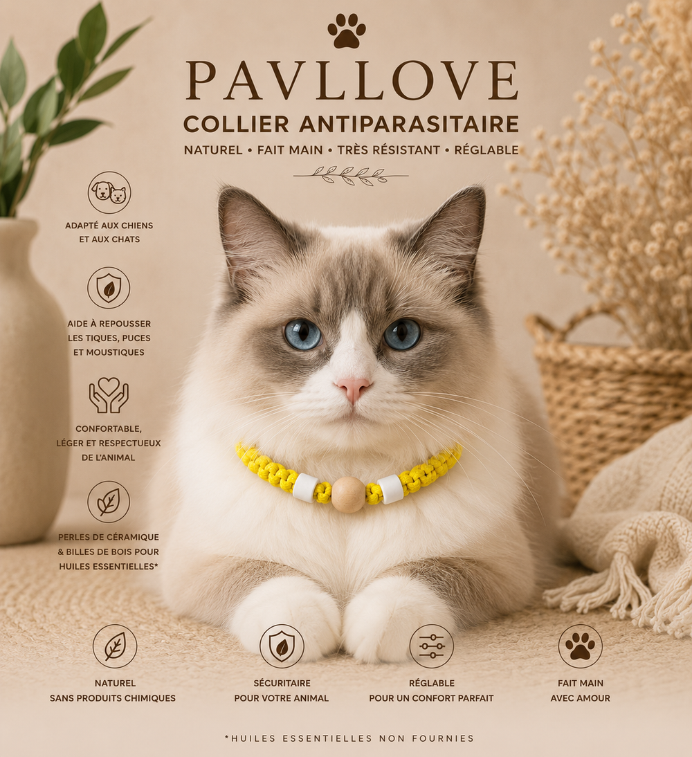 Collier Jaune Torsadé Anti-Tiques Naturel, Antiparasitaire avec Perles de Céramique EM ⭐⭐⭐⭐⭐ - Pavllove