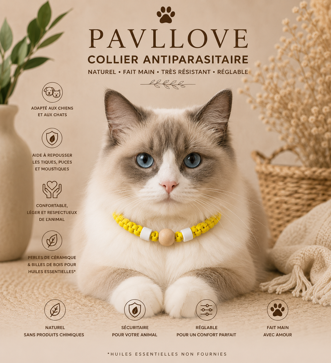 Collier Jaune Torsadé Anti-Tiques Naturel, Antiparasitaire avec Perles de Céramique EM ⭐⭐⭐⭐⭐ - Pavllove