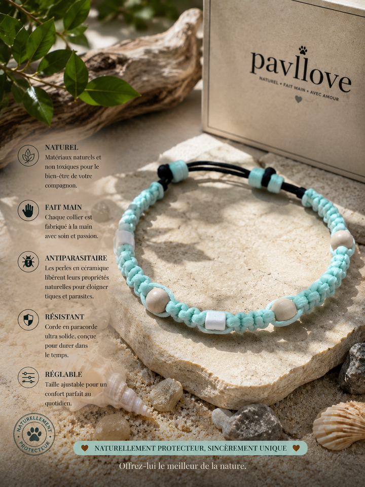 Collier Torsade bleu clait Anti-Tiques Naturel, Antiparasitaire avec Perles de Céramique EM ⭐⭐⭐⭐⭐ - Pavllove
