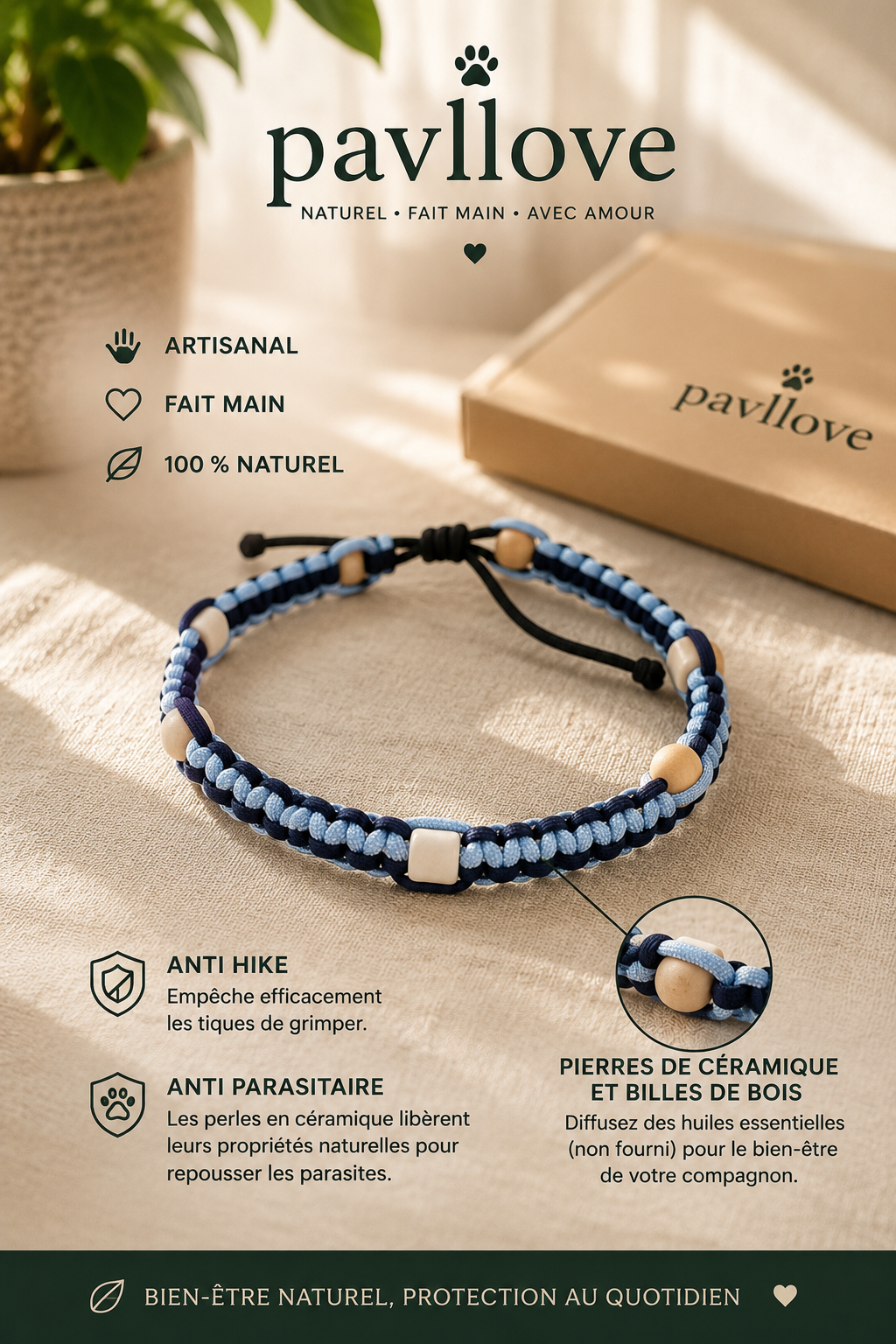 Colliers bleu Anti-Tiques & Antiparasitaire Naturel (Tréssée) avec Perles de céramique EM ⭐⭐⭐⭐⭐ - Pavllove
