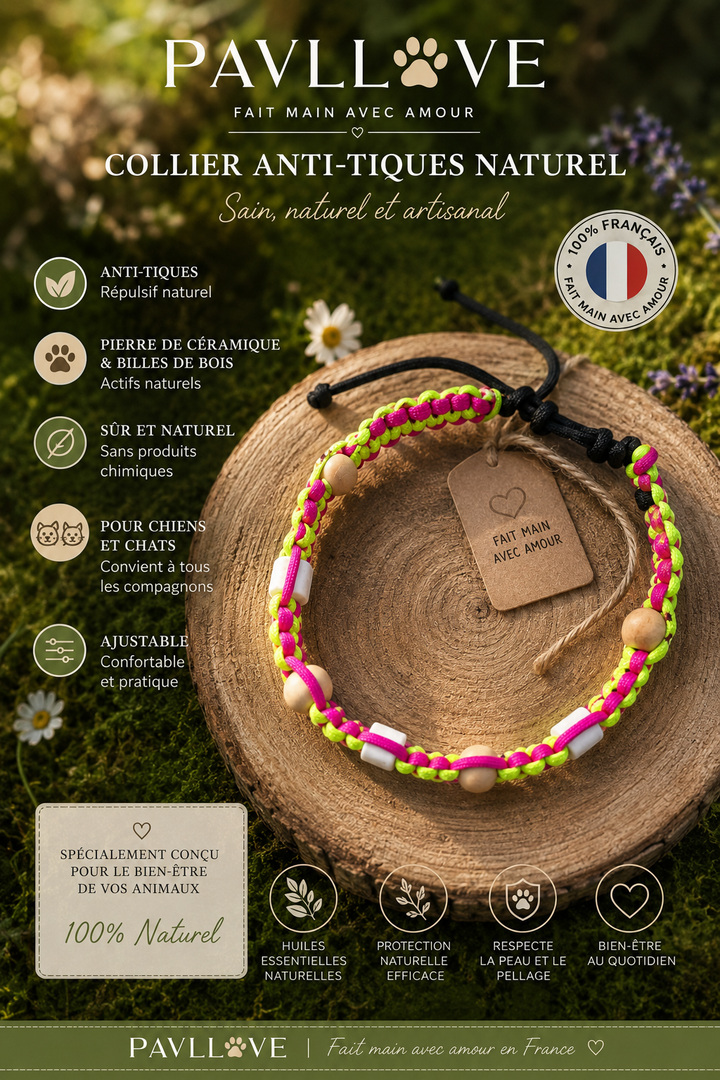 Collier Anti-Tiques & Antiparasitaire Naturel Chien et Chat, Fait Main en France, Perles de Céramique EM (Gamme Tréssée) ⭐⭐⭐⭐⭐ - Pavllove