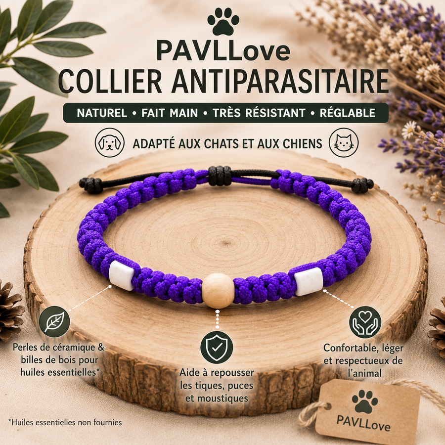 Collier Violet Torsadé Anti-Tiques Naturel, Antiparasitaire avec Perles de Céramique EM ⭐⭐⭐⭐⭐ (Copie) - Pavllove