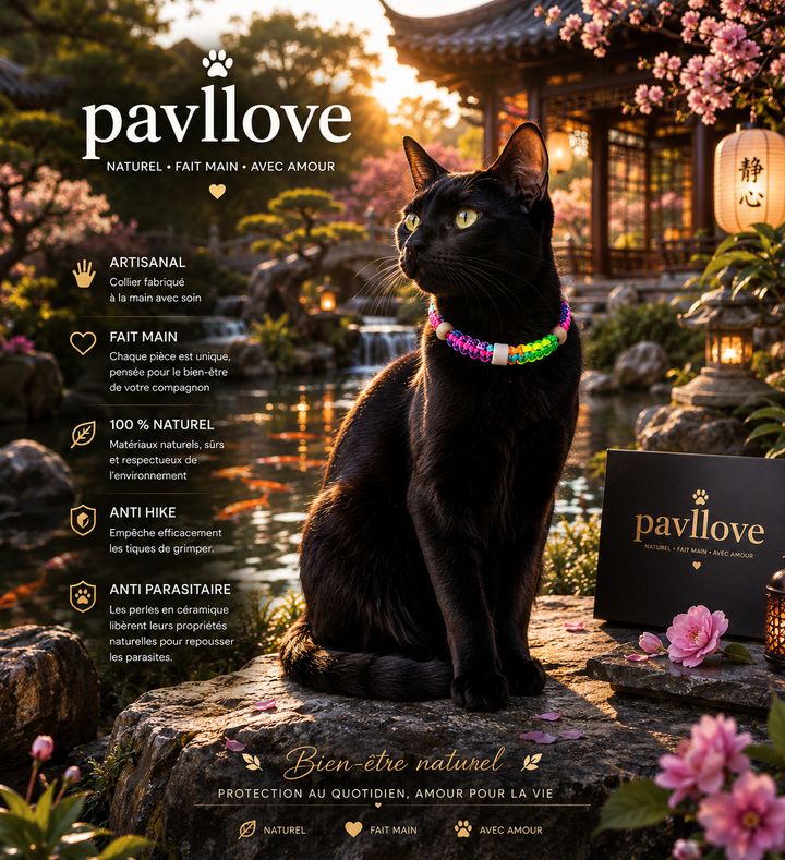 Collier Anti-Tiques & Antiparasitaire Naturel Chien et Chat, Fait Main en France, Perles de Céramique EM
