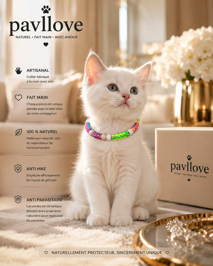 Collier Anti-Tiques & Antiparasitaire Naturel Chien et Chat, Fait Main en France, Perles de Céramique EM