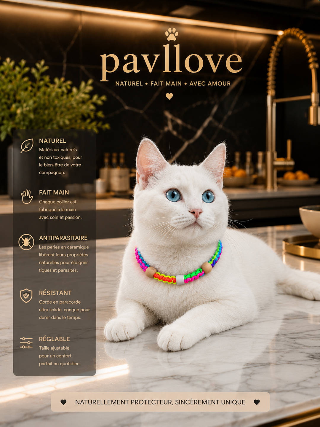 Collier Anti-Tiques & Antiparasitaire Naturel Chien et Chat, Fait Main en France, Perles de Céramique EM