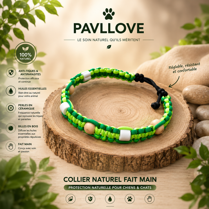 Colliers Vert Anti-Tiques & Antiparasitaire Naturel (Tréssée) avec Perles de céramique EM ⭐⭐⭐⭐⭐ - Pavllove