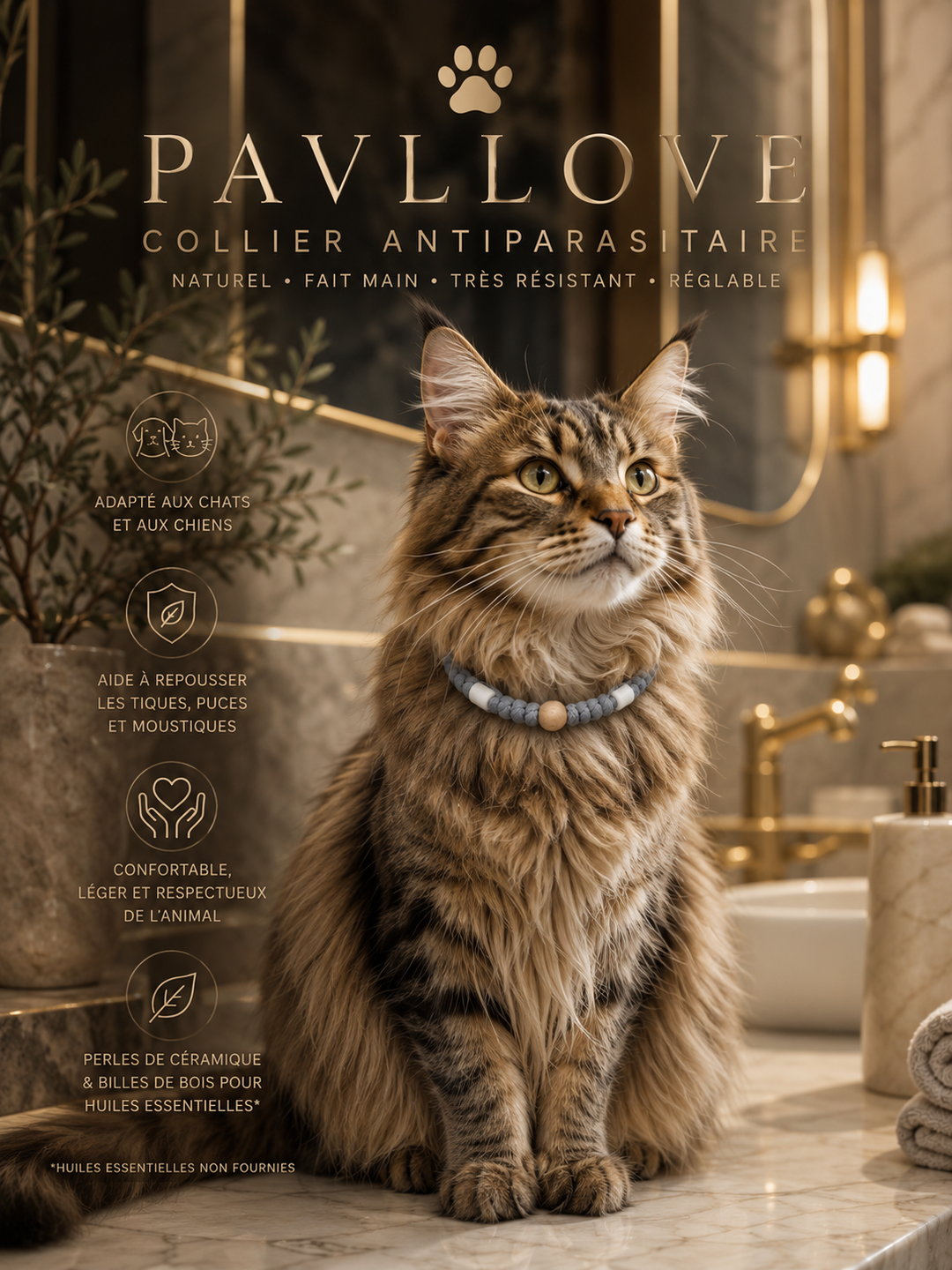 Collier Gris Torsadé Anti-Tiques Naturel, Antiparasitaire avec Perles de Céramique EM ⭐⭐⭐⭐⭐ - Pavllove