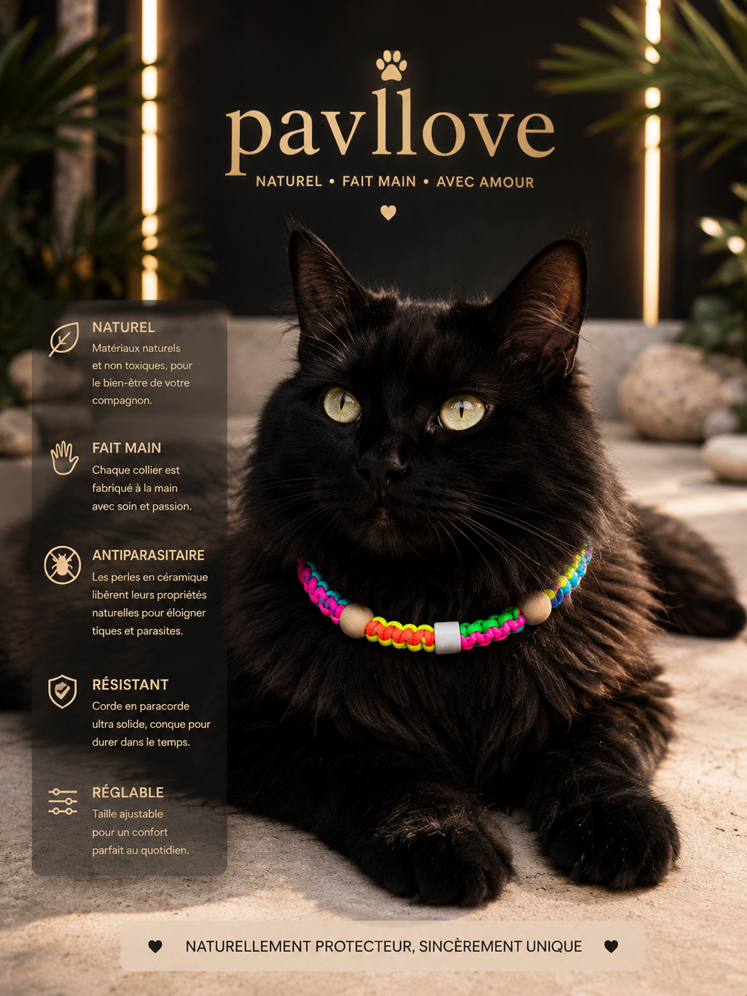 Collier Anti-Tiques & Antiparasitaire Naturel Chien et Chat, Fait Main en France, Perles de Céramique EM