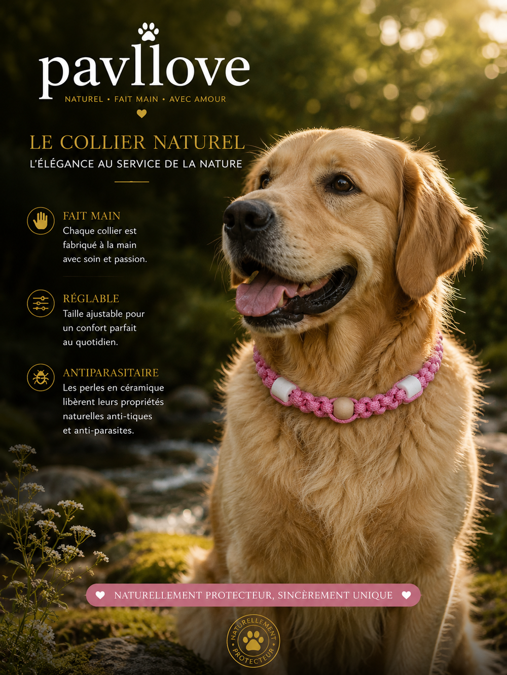 Collier Rose Torsadé Anti-Tiques Naturel, Antiparasitaire avec Perles de Céramique EM ⭐⭐⭐⭐⭐ - Pavllove