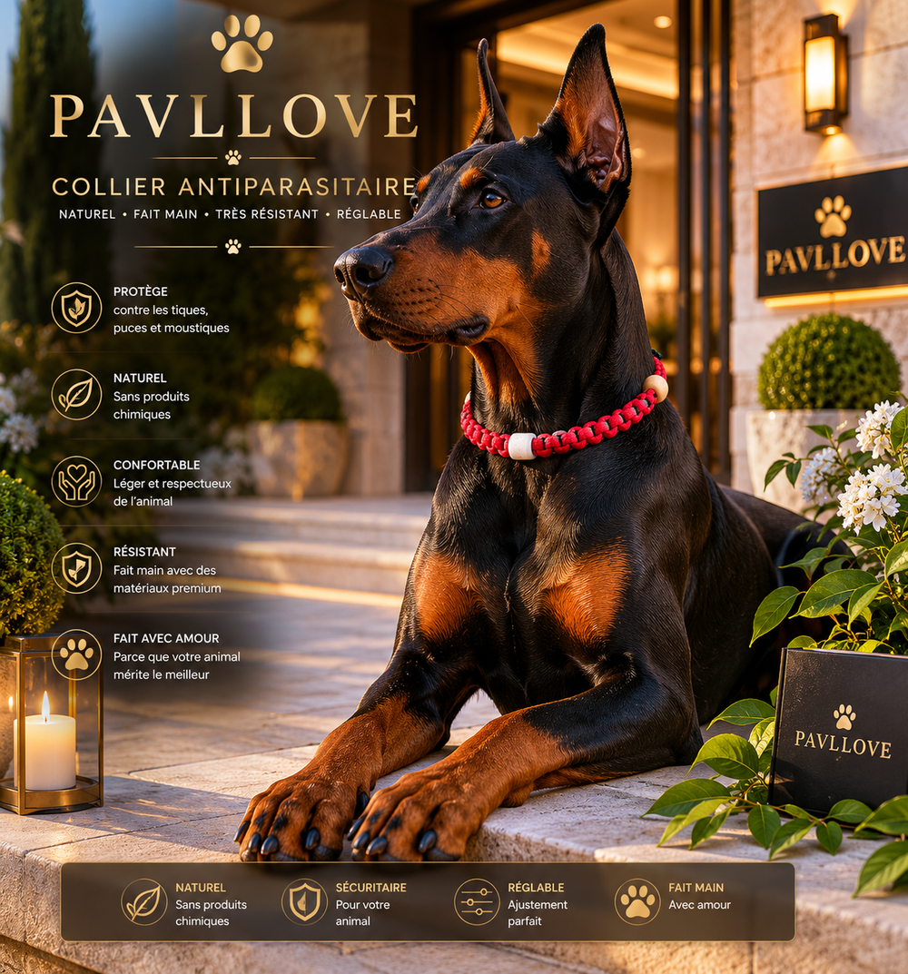 Collier Rouge Torsadé Anti-Tiques Naturel, Antiparasitaire avec Perles de Céramique EM ⭐⭐⭐⭐⭐ - Pavllove