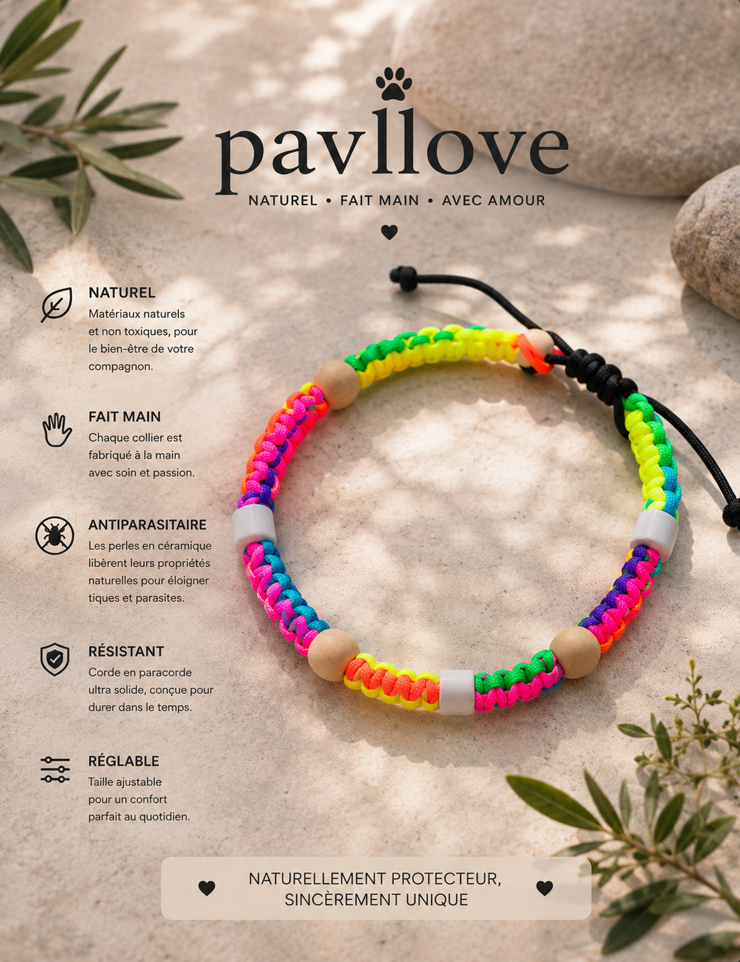 Colliers Fluos multicolor Anti-Tiques & Antiparasitaire Naturel, Perles de Céramique EM (Gamme Tréssée) ⭐⭐⭐⭐⭐ - Pavllove