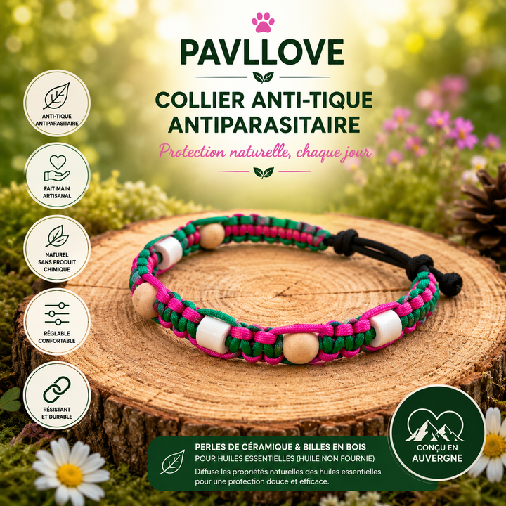 Collier Anti-Tiques & Antiparasitaire Naturel Chien et Chat, Fait Main en France, Perles de Céramique EM