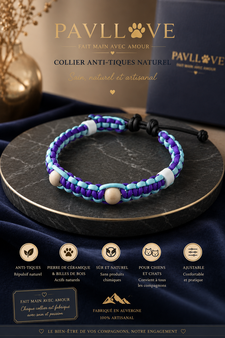Collier Anti-Tiques & Antiparasitaire Naturel Chien et Chat, Fait Main en France, Perles de Céramique EM (Gamme Tréssée) ⭐⭐⭐⭐⭐ - Pavllove