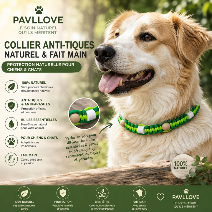 Colliers Vert Anti-Tiques & Antiparasitaire Naturel (Tréssée) avec Perles de céramique EM ⭐⭐⭐⭐⭐ - Pavllove