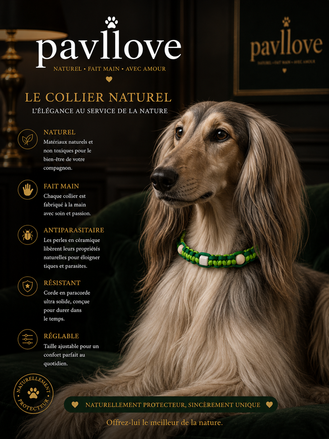 Colliers Vert Anti-Tiques & Antiparasitaire Naturel (Tréssée) avec Perles de céramique EM ⭐⭐⭐⭐⭐ - Pavllove