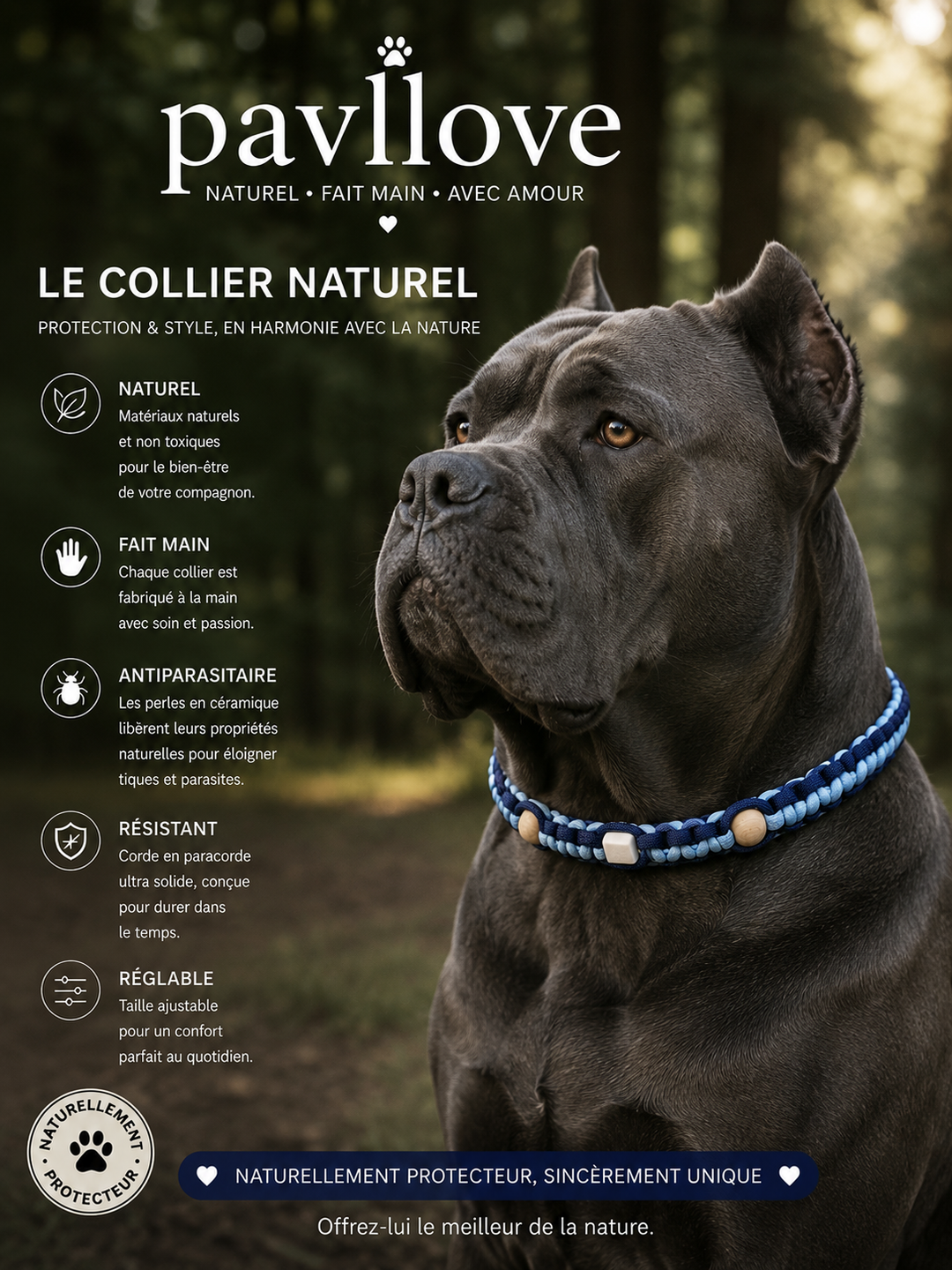 Collier Anti-Tiques & Antiparasitaire Naturel Chien et Chat, Fait Main en France, Perles de Céramique EM