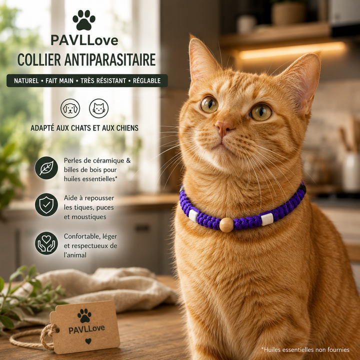 Collier Violet Torsadé Anti-Tiques Naturel, Antiparasitaire avec Perles de Céramique EM ⭐⭐⭐⭐⭐ (Copie) - Pavllove