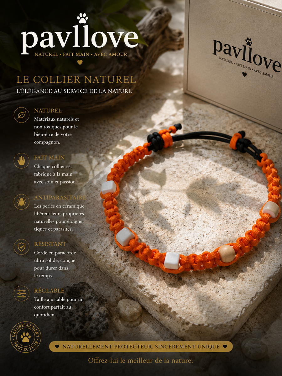 Collier Orange Torsadé Anti-Tiques Naturel, Antiparasitaire avec Perles de Céramique EM ⭐⭐⭐⭐⭐ - Pavllove