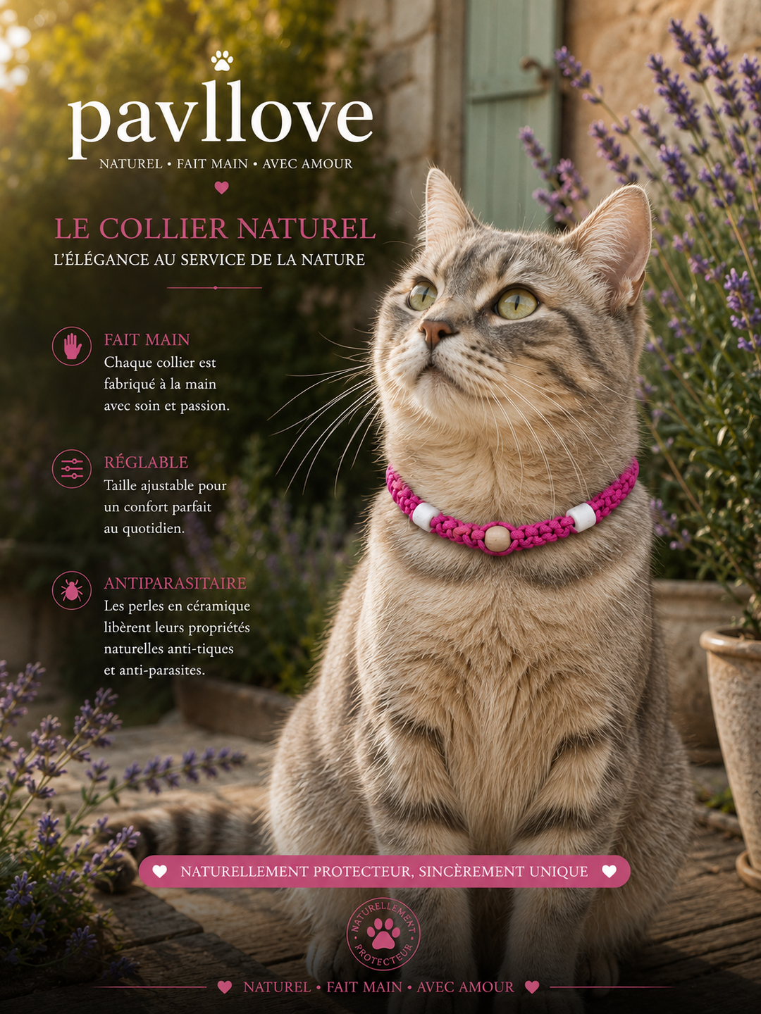 Collier Rose foncé Torsadé Anti-Tiques Naturel, Antiparasitaire avec Perles de Céramique EM ⭐⭐⭐⭐⭐ - Pavllove
