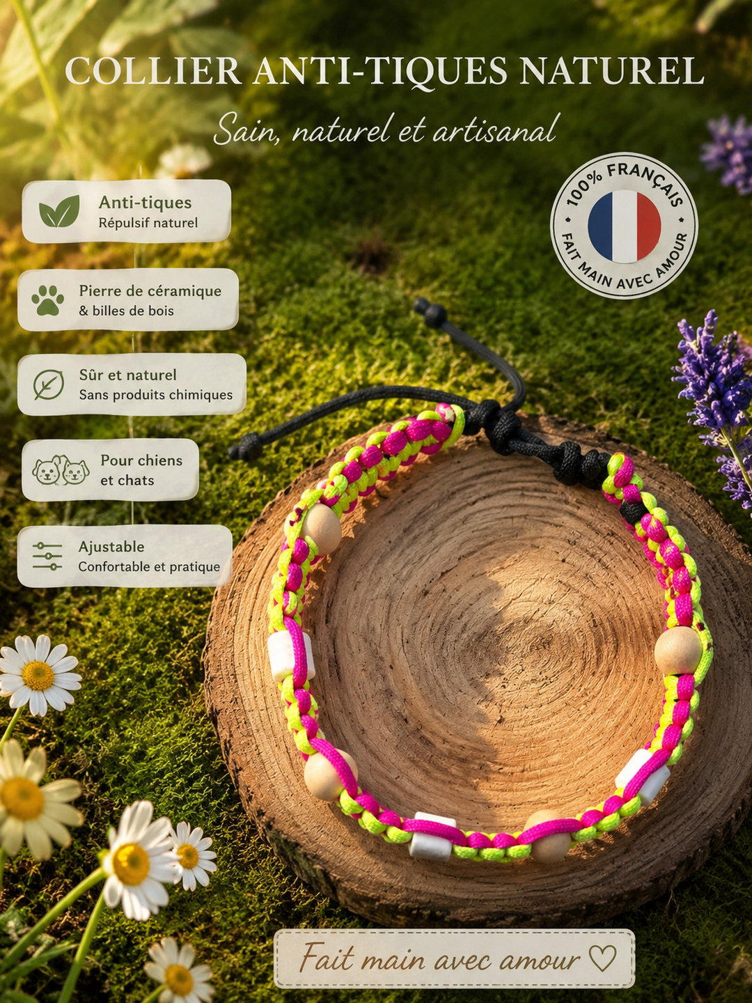 Collier Anti-Tiques & Antiparasitaire Naturel Chien et Chat, Fait Main en France, Perles de Céramique EM (Gamme Tréssée) ⭐⭐⭐⭐⭐ - Pavllove