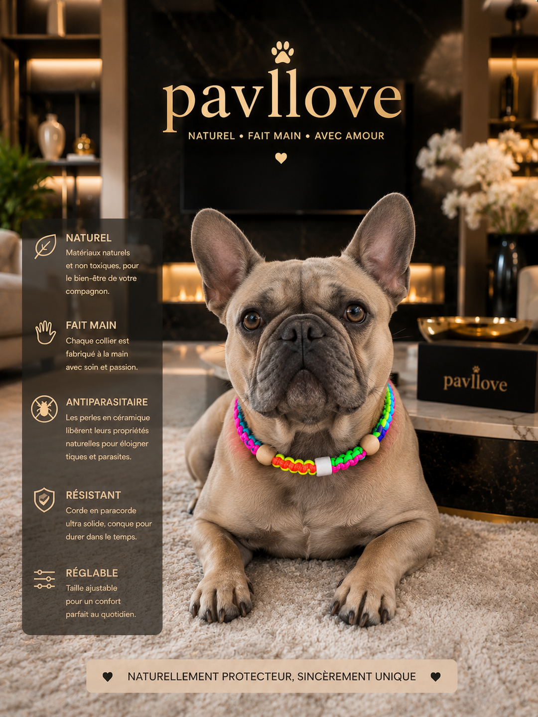 Collier Anti-Tiques & Antiparasitaire Naturel Chien et Chat, Fait Main en France, Perles de Céramique EM