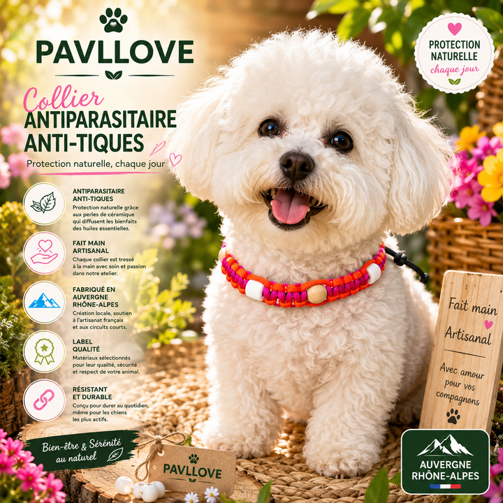 Colliers Rose Anti-Tiques & Antiparasitaire Naturel (Tréssée) avec Perles de céramique EM ⭐⭐⭐⭐⭐ - Pavllove
