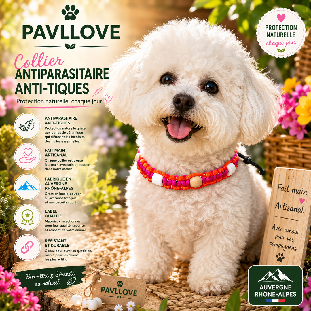 Collier Anti-Tiques & Antiparasitaire Naturel Chien et Chat, Fait Main en France, Perles de Céramique EM