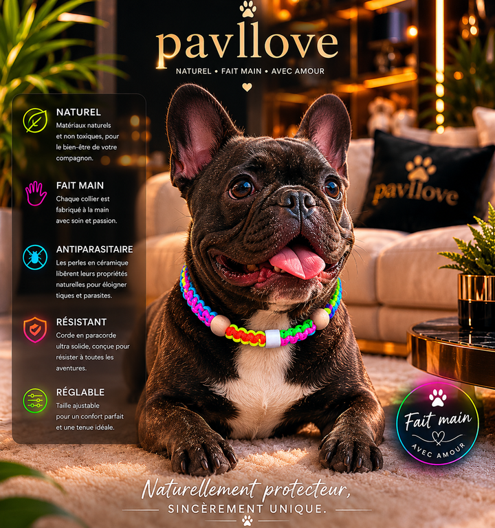 Collier Anti-Tiques & Antiparasitaire Naturel Chien et Chat, Fait Main en France, Perles de Céramique EM