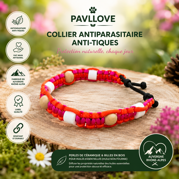 Collier Anti-Tiques & Antiparasitaire Naturel Chien et Chat, Fait Main en France, Perles de Céramique EM