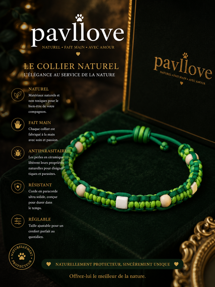 Colliers Vert Anti-Tiques & Antiparasitaire Naturel (Tréssée) avec Perles de céramique EM ⭐⭐⭐⭐⭐ - Pavllove