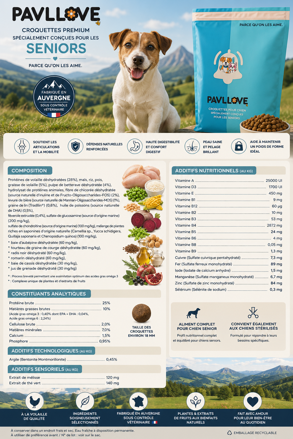 Croquettes chien senior à la volaille PAVLLOVE, recette fabriquée en Auvergne sous contrôle vétérinaire pour chiens de moyenne et grande taille.