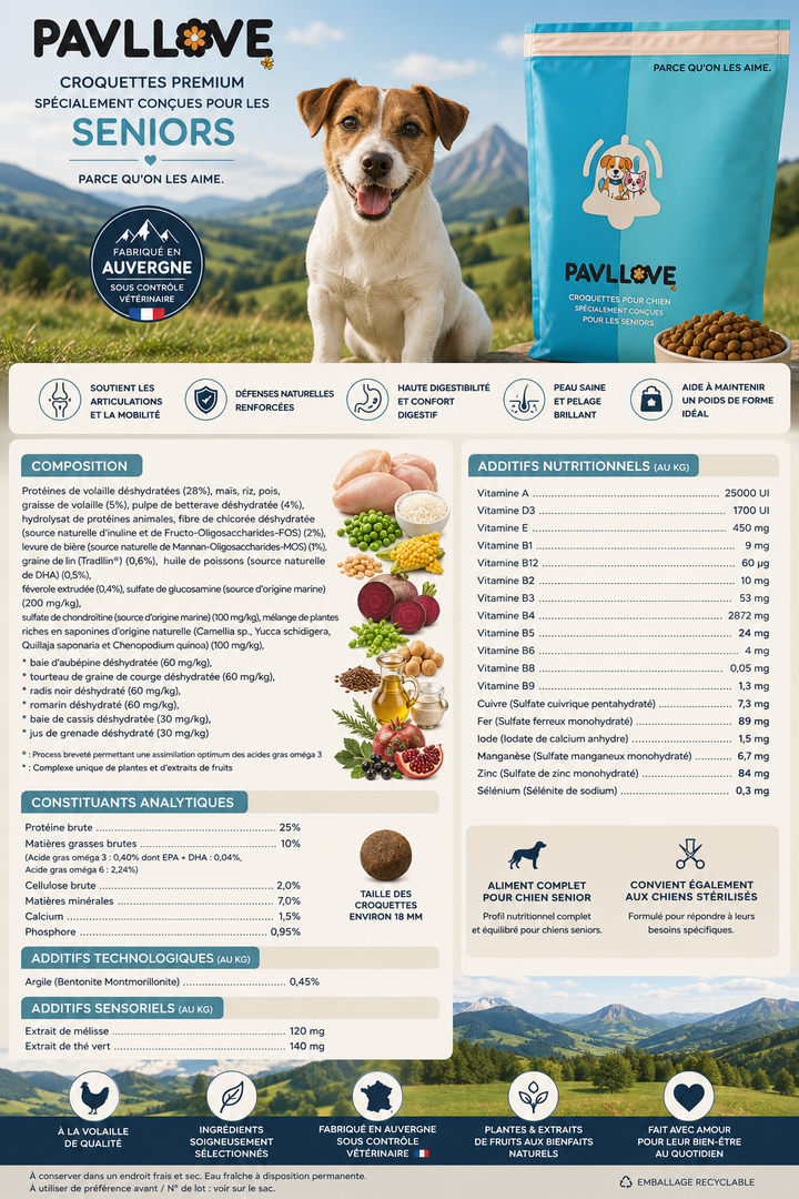 Croquettes chien senior à la volaille PAVLLOVE, recette fabriquée en Auvergne sous contrôle vétérinaire pour chiens de moyenne et grande taille.