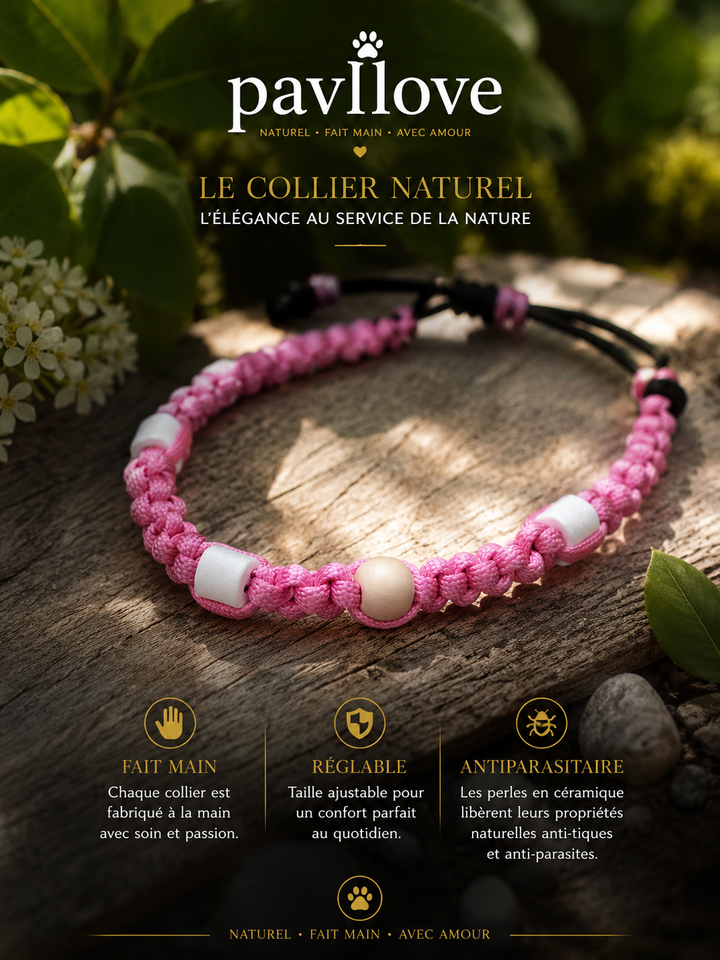 Collier Rose Torsadé Anti-Tiques Naturel, Antiparasitaire avec Perles de Céramique EM ⭐⭐⭐⭐⭐ - Pavllove
