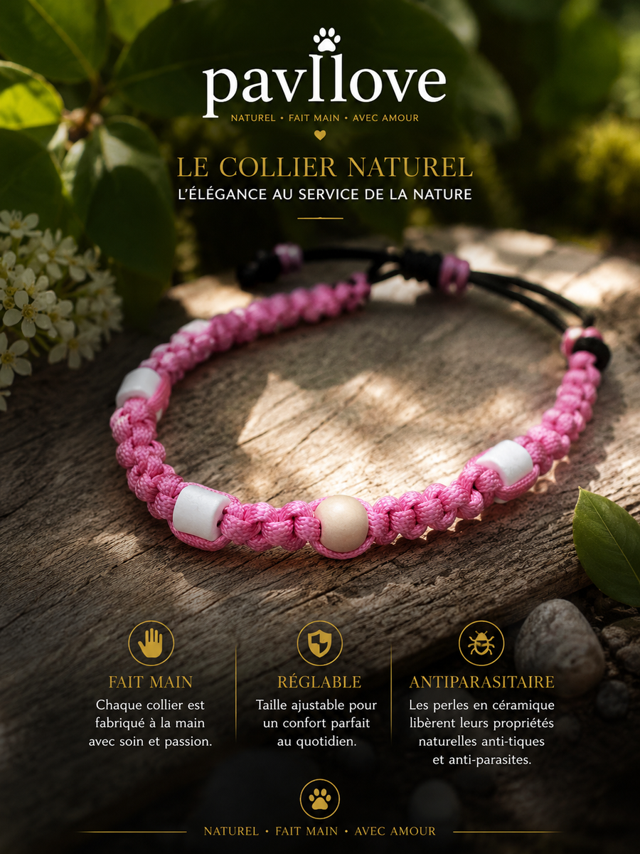 Collier Rose Torsadé Anti-Tiques Naturel, Antiparasitaire avec Perles de Céramique EM ⭐⭐⭐⭐⭐ - Pavllove
