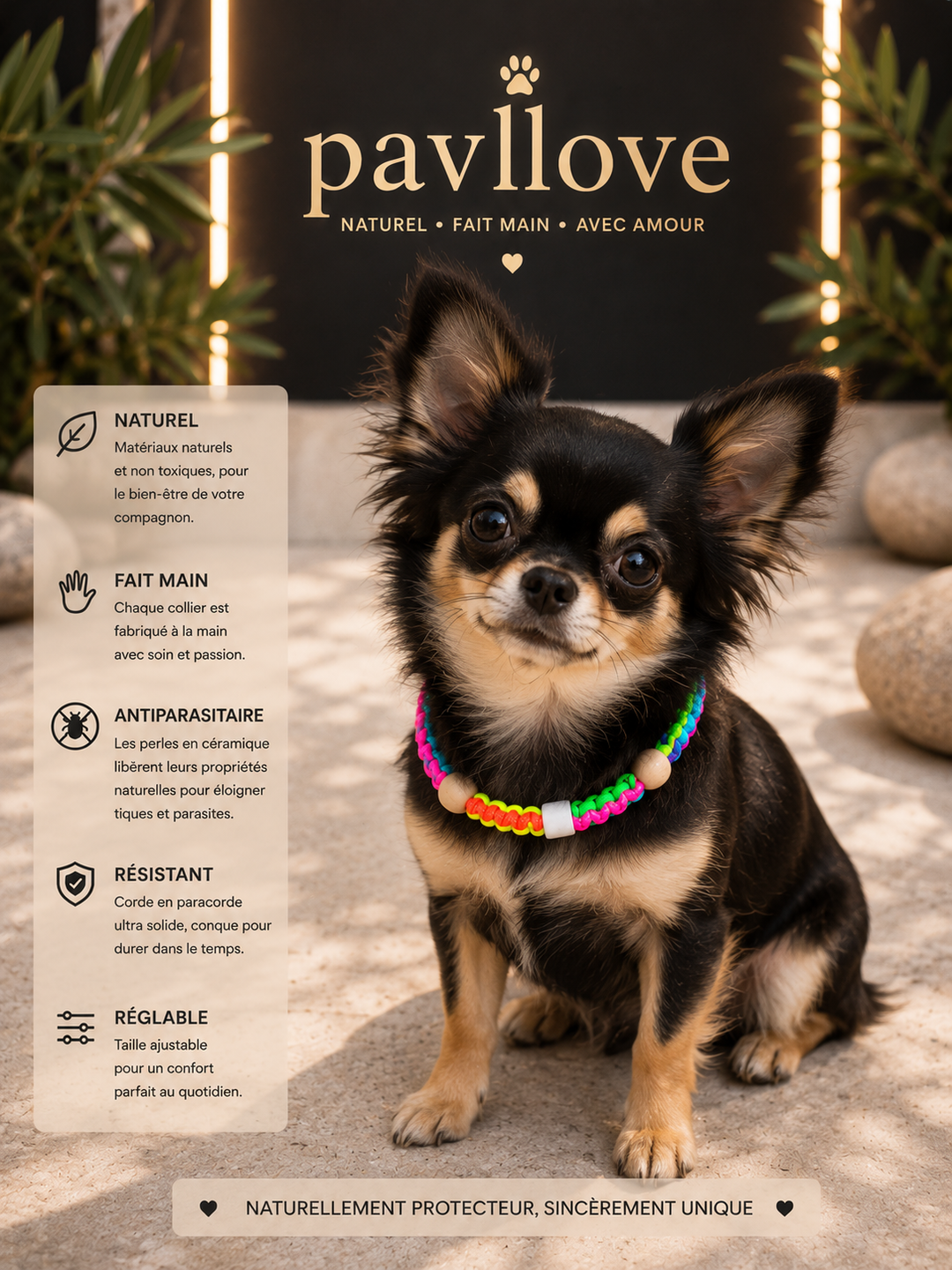 Collier Anti-Tiques & Antiparasitaire Naturel Chien et Chat, Fait Main en France, Perles de Céramique EM