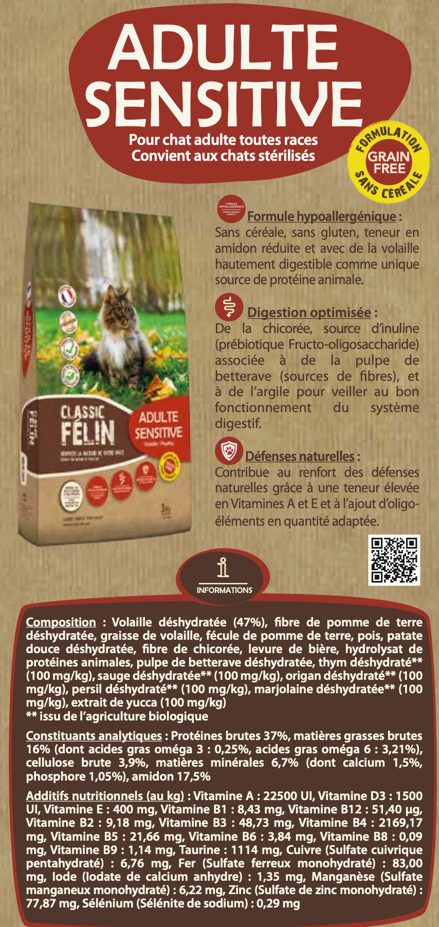 Croquettes SANS CÉRÉALES CLASSIC FÉLIN Adult Sensitive 3 kg Volaille 47%, plantes BIO, digestion sensible - Pavllove